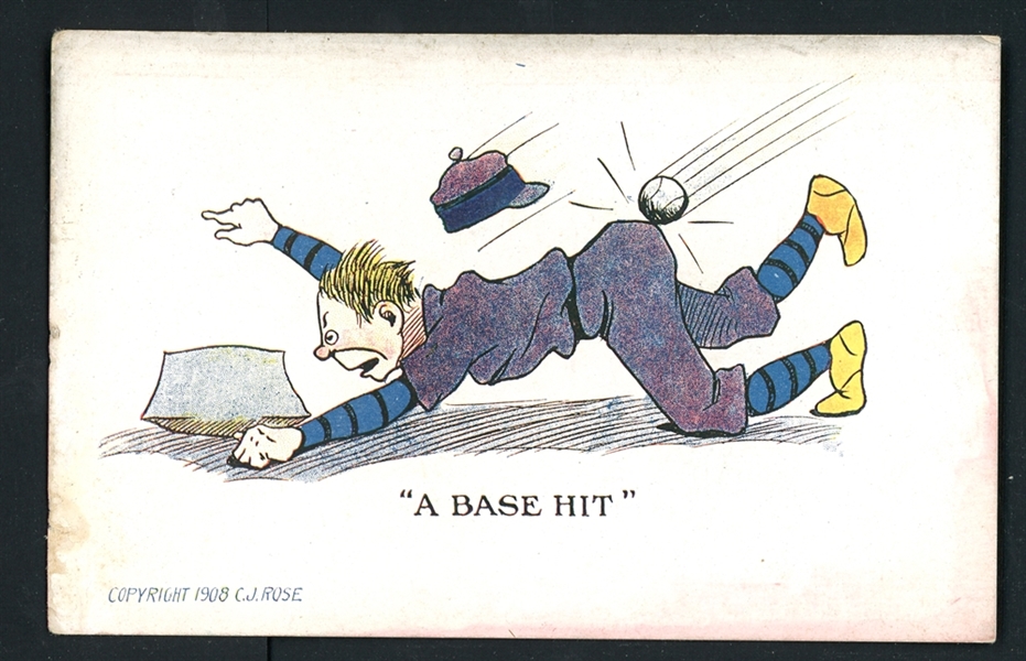 1908 Baseball Themed Postcard, C.J. Rose, A Base Hit 