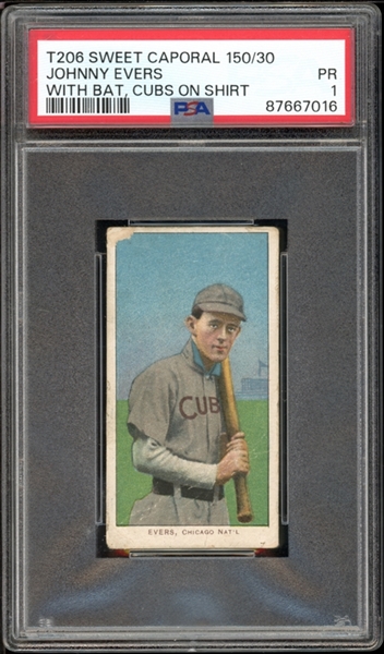 1909-11 T206 Sweet Caporal 150/30 Johnny Evers With Bat, Cubs On Shirt PSA 1 PR