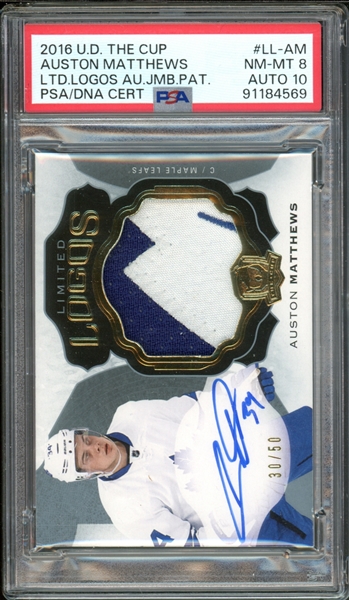 2016 Upper Deck The Cup Limited Logos Auto Jumbo Patch /50 #LL-AM Auston Matthews PSA 8 NM-MT Auto 10