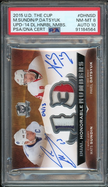 2015 Upper Deck The Cup Honorable Numbers Dual /13 Mats Sundin/Pavel Datsyuk PSA 8 NM-MT Auto 10