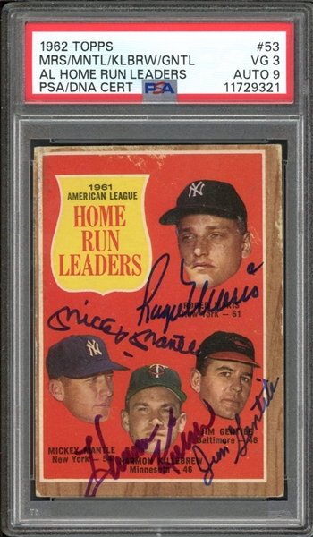 1962 Topps AL Home Run Leaders #53 Signed By Mantle/Maris/Killebrew/Gentile PSA 3 VG Auto 9