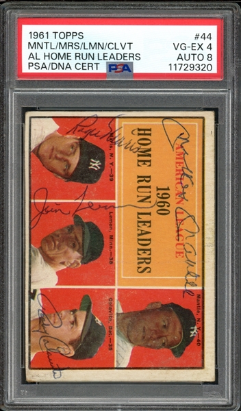 1961 Topps AL Home Run Leaders #44 Signed Mantle/Maris/Lemon/Colavito PSA 4 VG-EX Auto 8