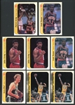 1986 Fleer Basketball Sticker Group Of 8 With Bird, Erving, Ewing, Jabbar, And Thomas