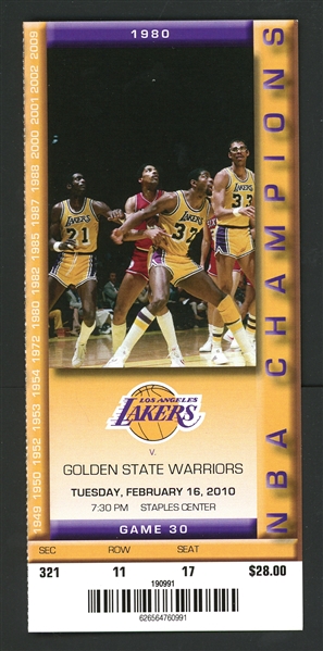 2010 Los Angeles Lakers Vs. Golden State Warriors Full Ticket Stub 2-16-10 Stephen Curry Rookie Year