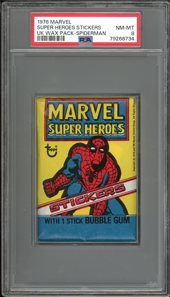 1976 Marvel Super Heroes Stickers UK Wax Pack Spiderman PSA 8 NM-MT