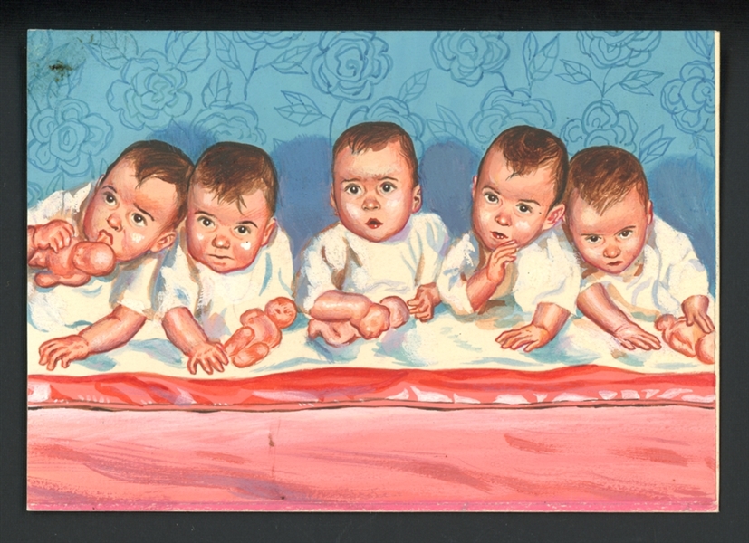 1954 Topps Scoops Original Artwork For #64 Quintuplets Born