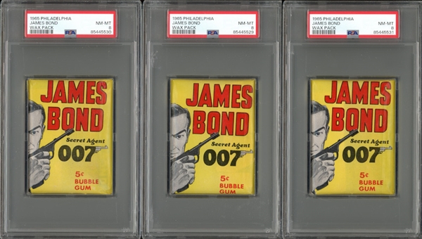 1965 Philadelphia James Bond Wax Pack Group Of (3) Two PSA Graded