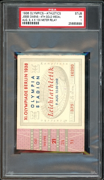 1936 Olympics - Athletics Aug. 9, 4 X 100 Meter Relay Ticket Stub, Jesse Owens - 4th Gold Medal PSA 1 PR