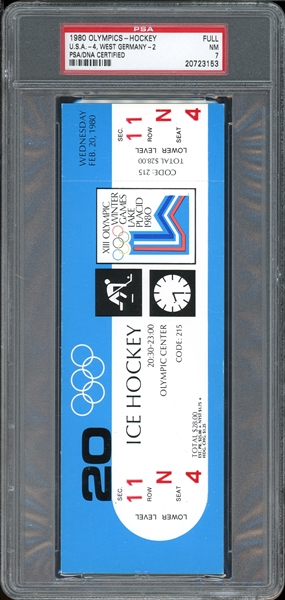 1980 Olympics-Hockey U.S.A.-4, West Germany-2, Full Ticket PSA 7 NM