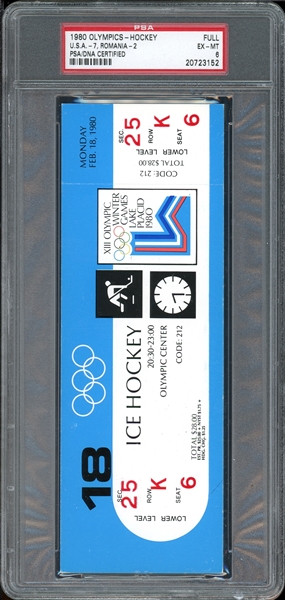 1980 Olympics-Hockey U.S.A.-7, Romania-2, Full Ticket PSA 6 EX-MT