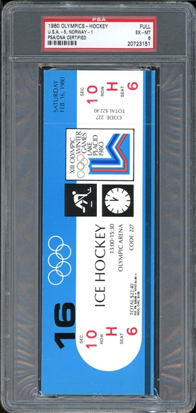 1980 Olympics-Hockey, U.S.A.-5, Norway-1, Full Ticket PSA 6 EX-MT