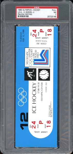 1980 Olympics-Hockey, U.S.A.-2, Sweden-2, Full Ticket PSA 7 NM