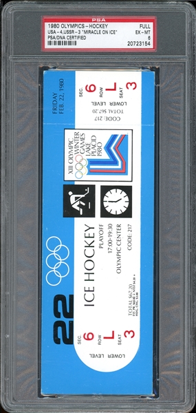 1980 Olympics-Hockey, U.S.A.-4, U.S.S.R-3, "Miracle On Ice", Full Ticket PSA 6 EX-MT