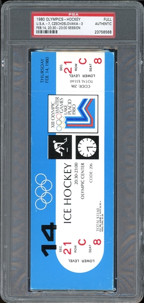 1980 Olympics-Hockey, U.S.A.-7, Czechoslovakia-3, Feb. 14, Full Ticket PSA Authentic