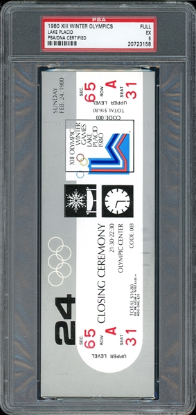 1980 XIII Winter Olympics, Lake Placid, Closing Ceremony, Full Ticket PSA 5 EX