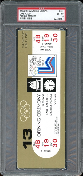 1980 XIII Winter Olympics, Lake Placid, Opening Ceremony, Full Ticket, PSA 6 EX-MT