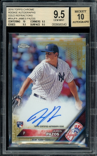 2016 Topps Chrome Rookie Autographs Gold Refractors #RAJPA James Pazos (13/50) BGS 9.5 GEM MINT AUTO 10