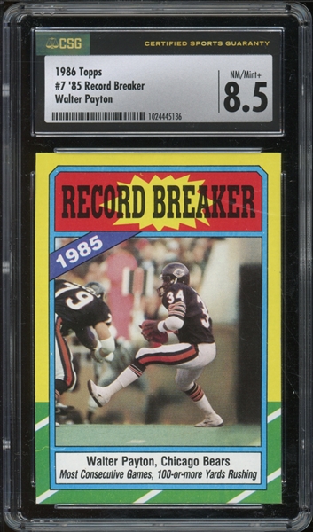 1986 Topps #7 85 Record Breaker Walter Payton CSG 8.5 NM-MT+