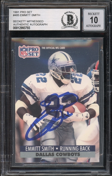 1991 Pro Set #485 Emmitt Smith Beckett Authentic Autograph Auto 10