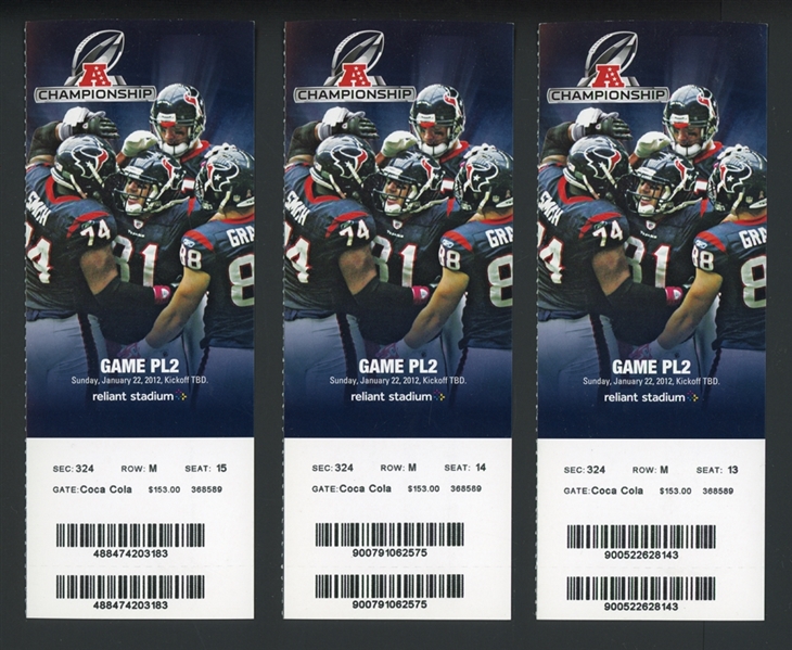 2012 Unused Houston Texans AFC Championship Game Ticket Group of 3