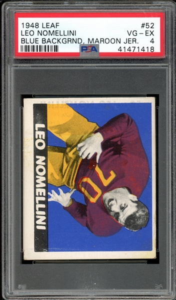 1948 Leaf #52 Leo Nomellini Blue Background, Maroon Jersey PSA 4 VG-EX