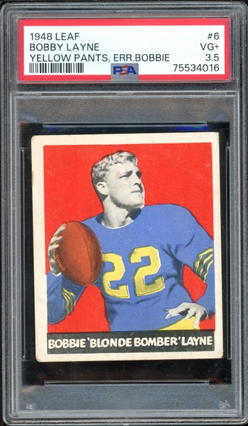 1948 Leaf #6 Bobby Layne (Yellow Pants, Error Bobbie) PSA 3.5 VG+