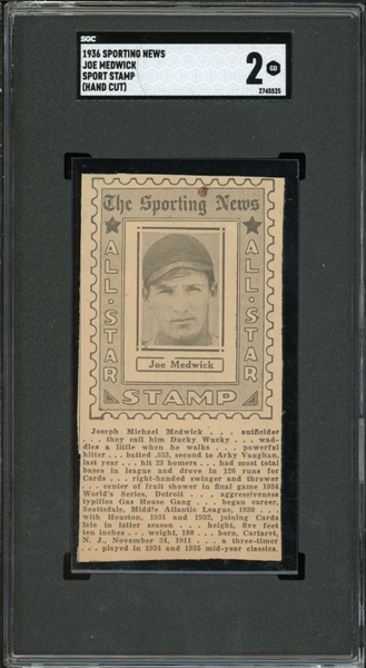 1936 Sporting News Joe Medwick Sport Stamp (Hand Cut) SGC 2 GD