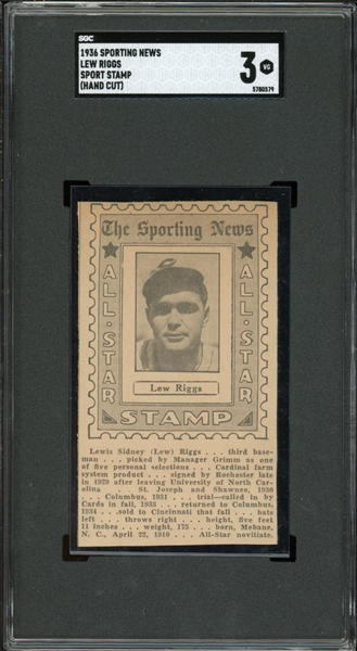 1936 Sporting News Lew Riggs Sport Stamp (Hand Cut) SGC 3 VG