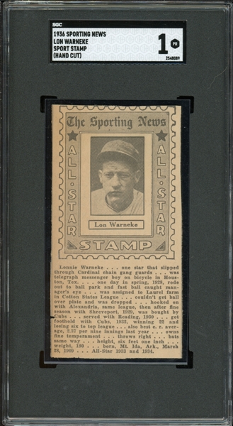 1936 Sporting News Lon Warneke Sport Stamp (Hand Cut) SGC 1 PR