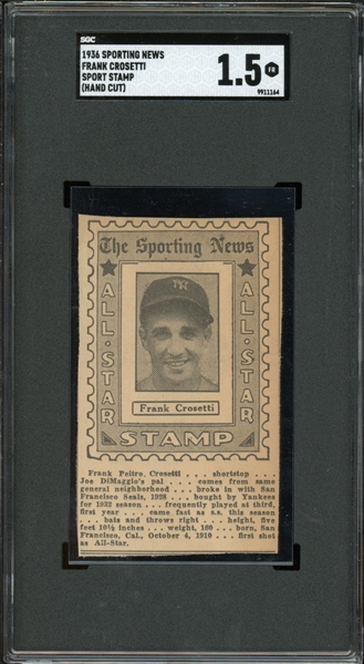 1936 Sporting News Frank Crosetti Sport Stamp (Hand Cut) SGC 1.5 FR