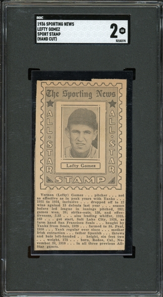 1936 Sporting News Lefty Gomez Sport Stamp (Hand Cut) SGC 2 GD