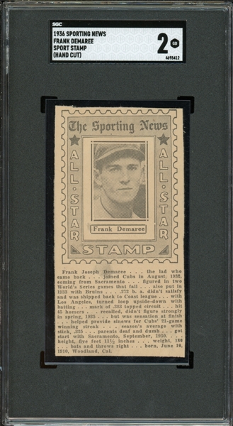 1936 Sporting News Frank Demaree Sport Stamp (Hand Cut) SGC 2 GD