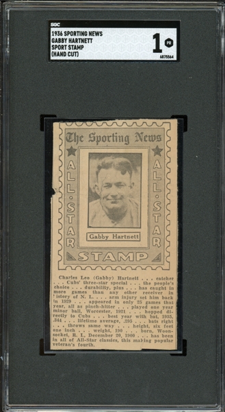 1936 Sporting News Gabby Hartnett Sport Stamp (Hand Cut) SGC 1 PR