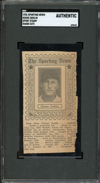 1936 Sporting News Goose Goslin Sport Stamp (Hand Cut) SGC Authentic