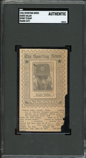 1936 Sporting News Augie Galan Sport Stamp (Hand Cut) SGC Authentic