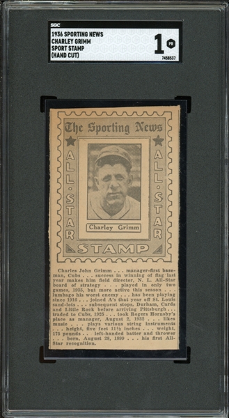 1936 Sporting News Charley Grimm Sport Stamp (Hand Cut) SGC 1 PR