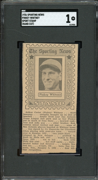 1936 Sporting News Pinkey Whitney Sport Stamp (Hand Cut) SGC 1 PR