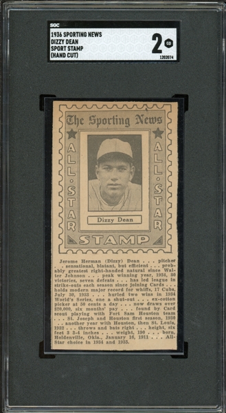 1936 Sporting News Dizzy Dean Sport Stamp (Hand Cut) SGC 2 GD