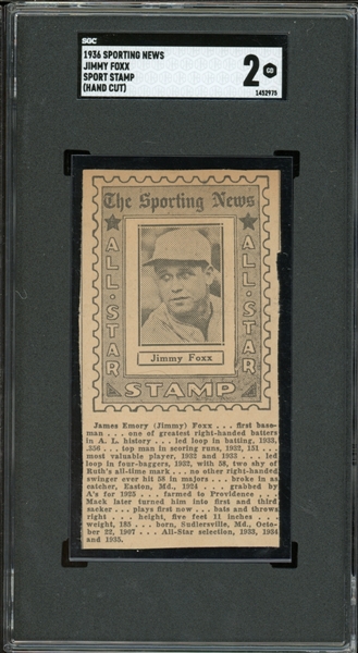 1936 Sporting News Jimmy Foxx Sport Stamp (Hand Cut) SGC 2 GD