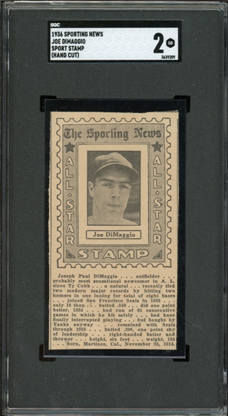 1936 Sporting News Joe DiMaggio Sport Stamp (Hand Cut) SGC 2 GD