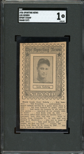 1936 Sporting News Lou Gehrig Sport Stamp (Hand Cut) SGC 1 PR