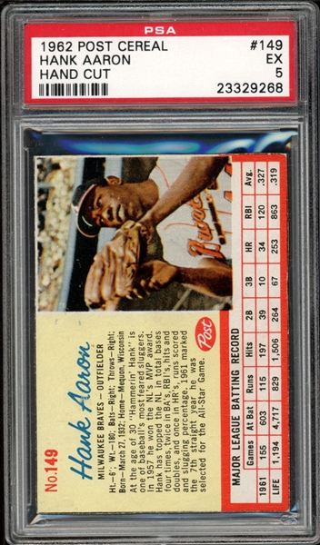 1962 Post Cereal Hand Cut #149 Hank Aaron PSA 5 EX