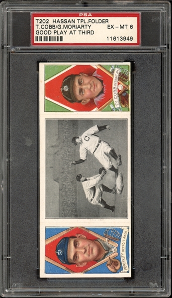 1912 T202 Hassan Triple Folder Good Play At Third Cobb/Moriarty PSA 6 EX-MT