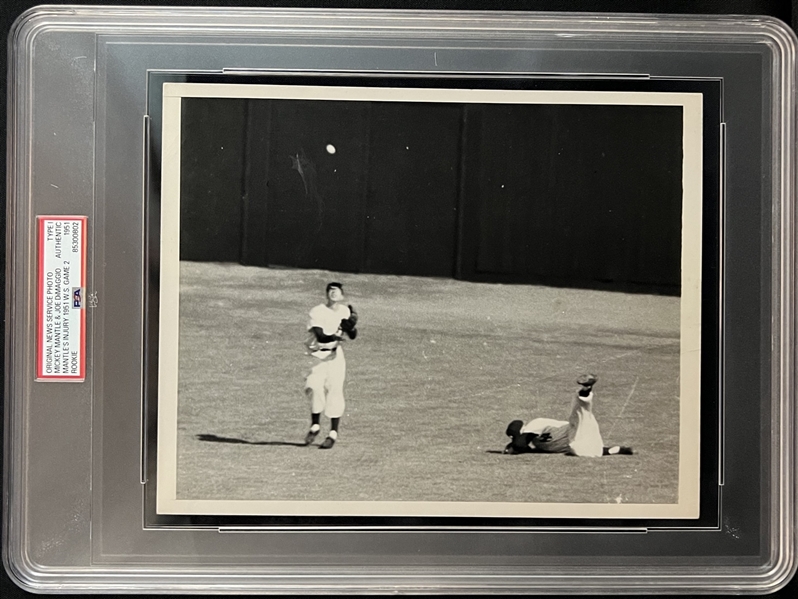 1951 Mickey Mantle & Joe DiMaggio Catching World Series Game 2 Type I Photograph Featuring Mantles Injury PSA Authenticated