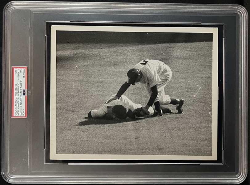 1951 Mickey Mantle & Joe DiMaggio (Checking on Mantle) World Series Game 2 Type I Photograph Featuring Mantles Injury PSA Authenticated