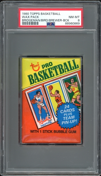 1980 Topps Basketball Wax Pack (Bridgeman/Bird/Brewer-Back) PSA 8 NM-MT