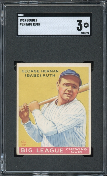 1933 Goudey #53 Babe Ruth SGC 3 VG