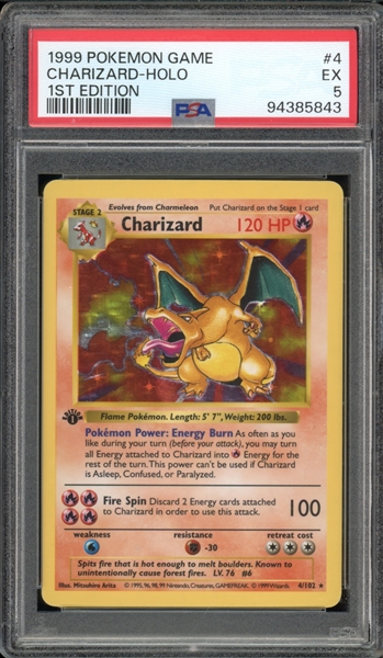 1999 Pokemon 1st Edition Shadowless #4 Charizard Holo PSA 5 EX