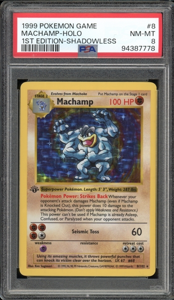 1999 Pokemon 1st Edition Shadowless #8 Machamp Holo PSA 8 NM-MT