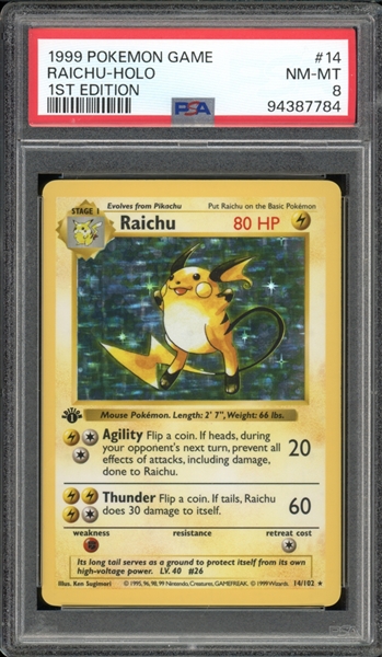 1999 Pokemon 1st Edition #14 Raichu Holo PSA 8 NM-MT